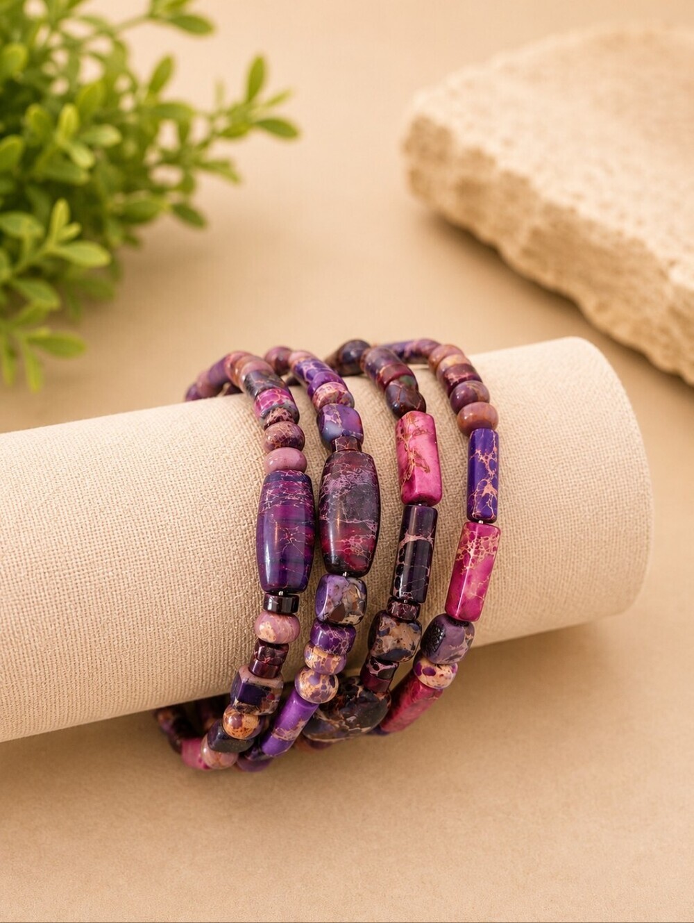 Purple Swap Sediment Jasper Memory Wire Wrap Bracelet Handmade Boho